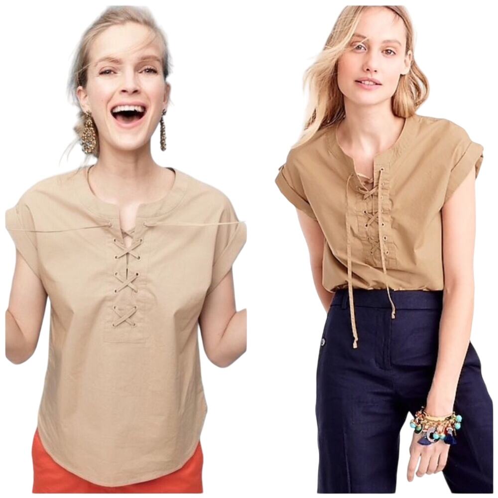 J. Crew Lace-up Popover Blouse Tan Short Cuffed Sleeve Size 4T Pullover Poplin